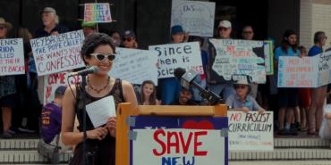 New College of Florida student Gaby Batista speaks at a rally to stop the right-wing takeover of the college.