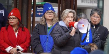 Weingarten speaks at a protest against violent immigration enforcement tactics in Portland, Ore., on Jan. 10. (Credit: Cecilee Henstrom, courtesy of the Oregon Nurses Association)