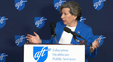 AFT President Randi Weingarten delivers a speech at the National Press Club in Washington, D.C. on May 27. During the speech, the union president spoke about the importance of schools fostering human connections in an age of artificial intelligence. She unveiled a 10-point plan that addresses concerns around AI and technology in schools. Credit: AFT 