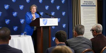 AFT President Randi Weingarten delivers a speech at the National Press Club in Washington, D.C. on May 27. During the speech, the union president spoke about the importance of schools fostering human connections in an age of artificial intelligence. She unveiled a 10-point plan that addresses concerns around AI and technology in schools. Credit: AFT 