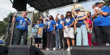 Weingarten (left) speaks at the All Roads Lead to the South day of action in Montgomery, Ala., on May 16. Photo credit: courtesy of AFT staff