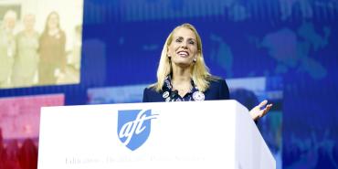 Association of Flight Attendants-CWA President Sara Nelson addressing AFT delegates.