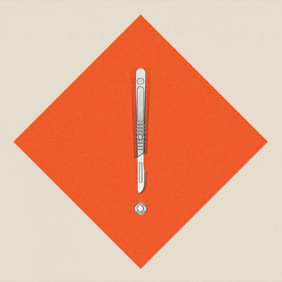 photo collage of a hazard sign with a scalpel as an exclamation point