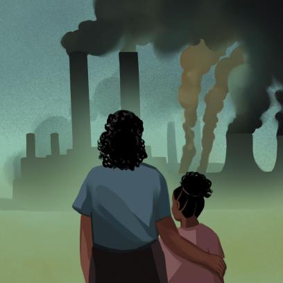 ilustración de una madre y una hija negras paradas frente a pilas de humo