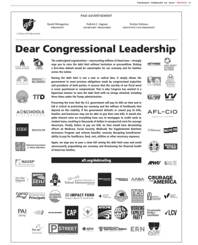 AFT Debt Ceiling ad with signer logos