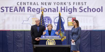 From left, Michael Mulgrew, Randi Weingarten and Melinda Person at the CTE framework announcement. Photo courtesy of Gov. Hochul's office.