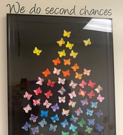 Photo of artwork with butterflies that reads "We do second chances"