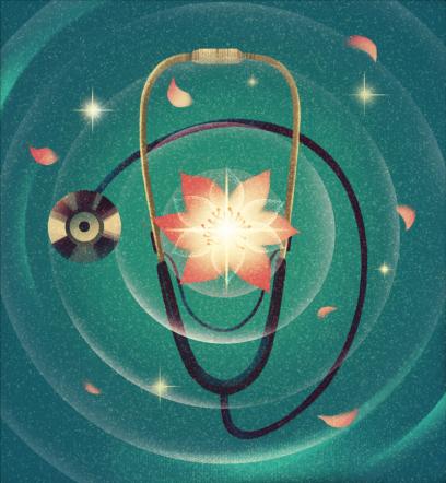 ilustración de un estetoscopio flotando en el agua con una flor de loto