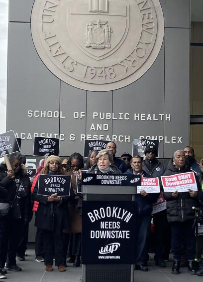 Photo of AFT President Randi Weingarten speaking at Brooklyn Needs Downstate event