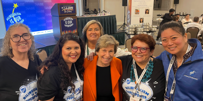 AFT leaders, from left: Veronica Hernandez, president, Socorro AFT; Sylvia Tanguma, president, McAllen AFT; Evelyn DeJesus; Randi Weingarten; Nancy Vera, president, Corpus Christi AFT and Jessica Tang, president, Boston Teachers Union.