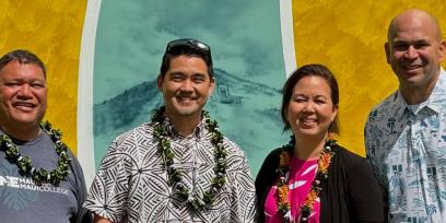 From left: UH Maui College Chancellor Lui Hokoana, Princess Nāhiʻenaʻena Elementary School Principal Gary Kanamori, U.S. Rep. Jill Tokuda and UHPA Executive Director Christian Fern at the book giveaway
