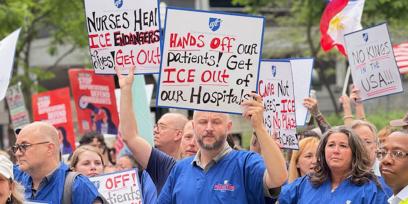 AFT healthcare members join protests of the Trump administration’s stepped‑up immigration raids.