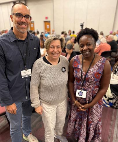 From left, Andrew Douglas, Randi Weingarten and Sinead Younge, president of the Morehouse College AAUP chapter that hosted the event.