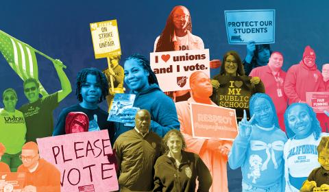 Collage of AFT members, activsts, and community members