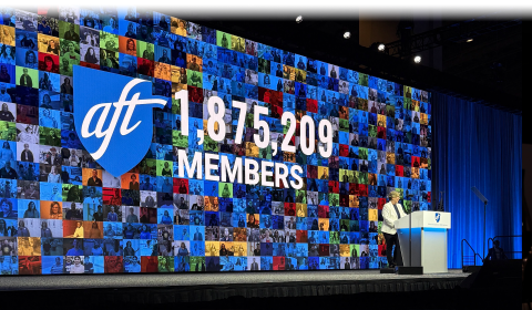 AFT President Randi Weingarten announces 1,875,209 members at AFT's 2026 Convention, July 16, 2026.