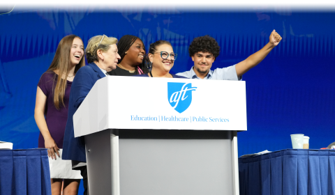 AFT President Randi Weingarten and Samantha Rosado-Ciriello, President of Yonkers Federation of Teachers with students (Mikayla McGough,  Madison White, Alexander Torres) from Robert Halmi Sr. Academy of Film and Television (Yonkers, NY).