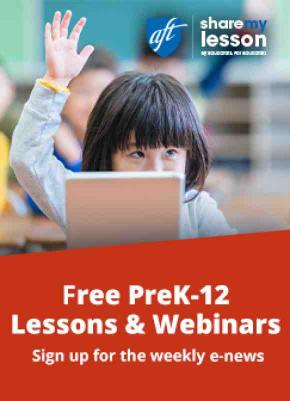 Photo of child raising hand. Text reads: "Free PreK-12 Lessons & Webinars. sign up for the weekly e-news."